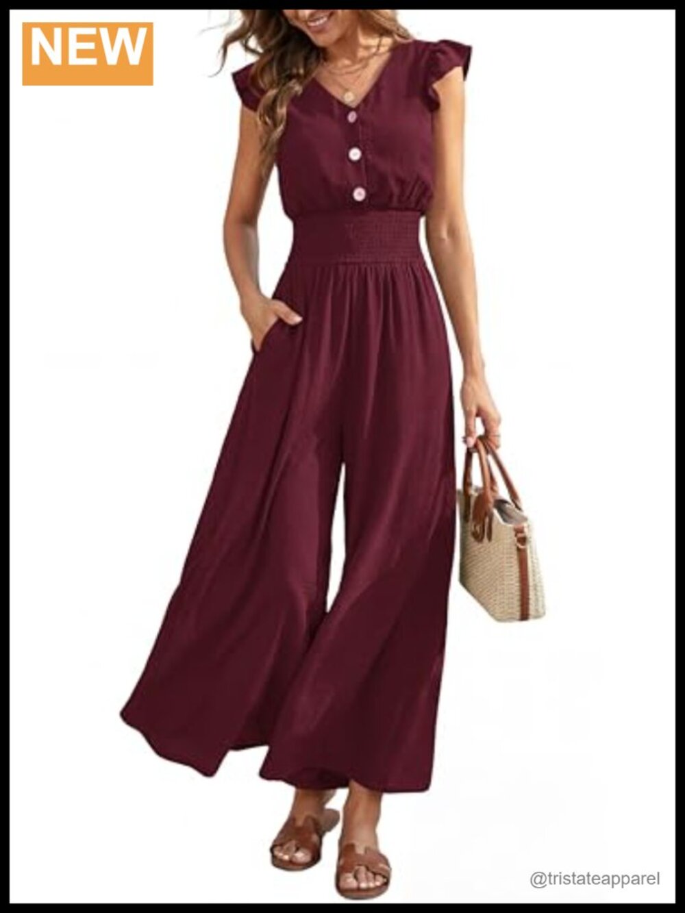 Women's Ruffle Cap Sleeve V Neck Button Smocked Wide Leg Jumpsuit Romper